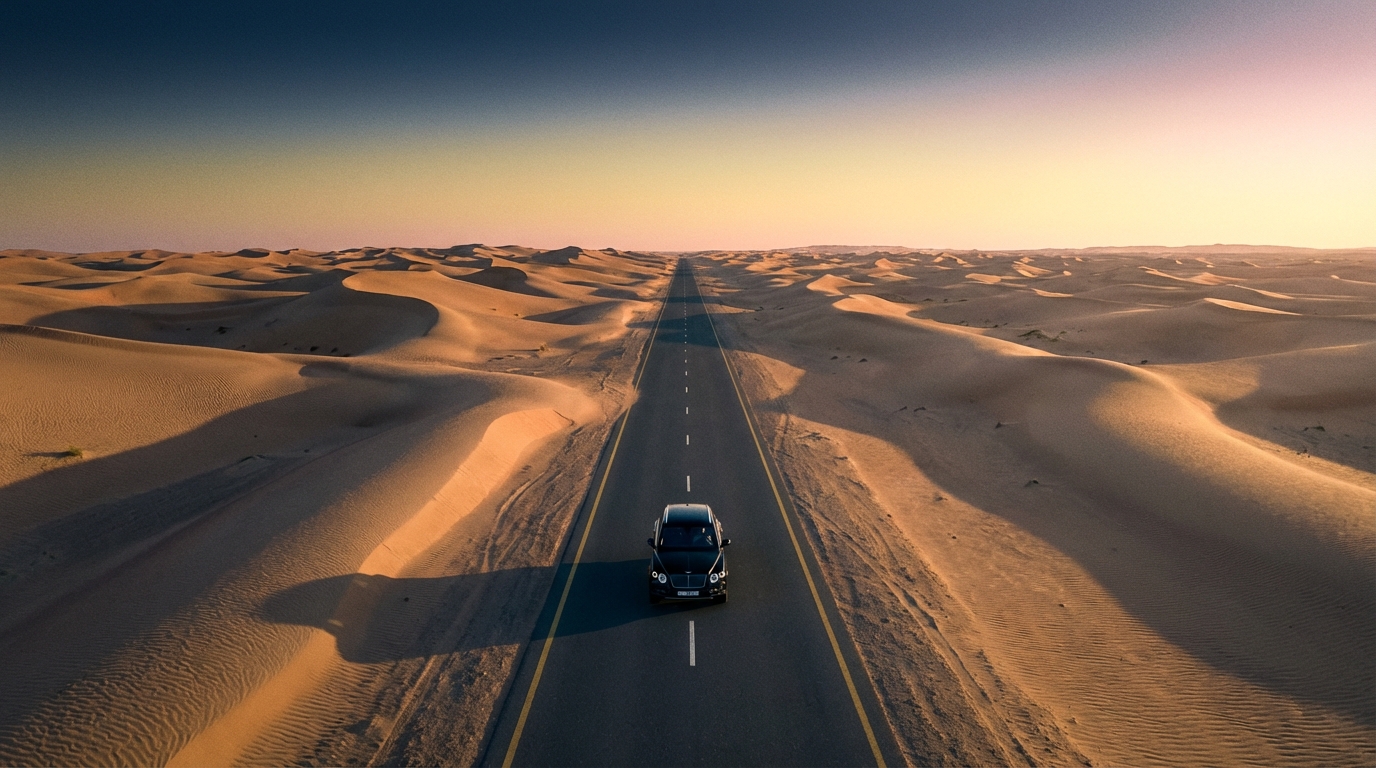 Aerial view of desert highway connecting Dubai to Oman and Saudi Arabia