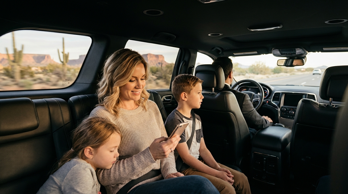 Family traveling comfortably in transfer vehicle