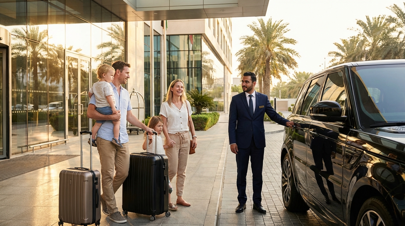 Family with luggage being greeted by SapheWay chauffeur at Dubai hotel