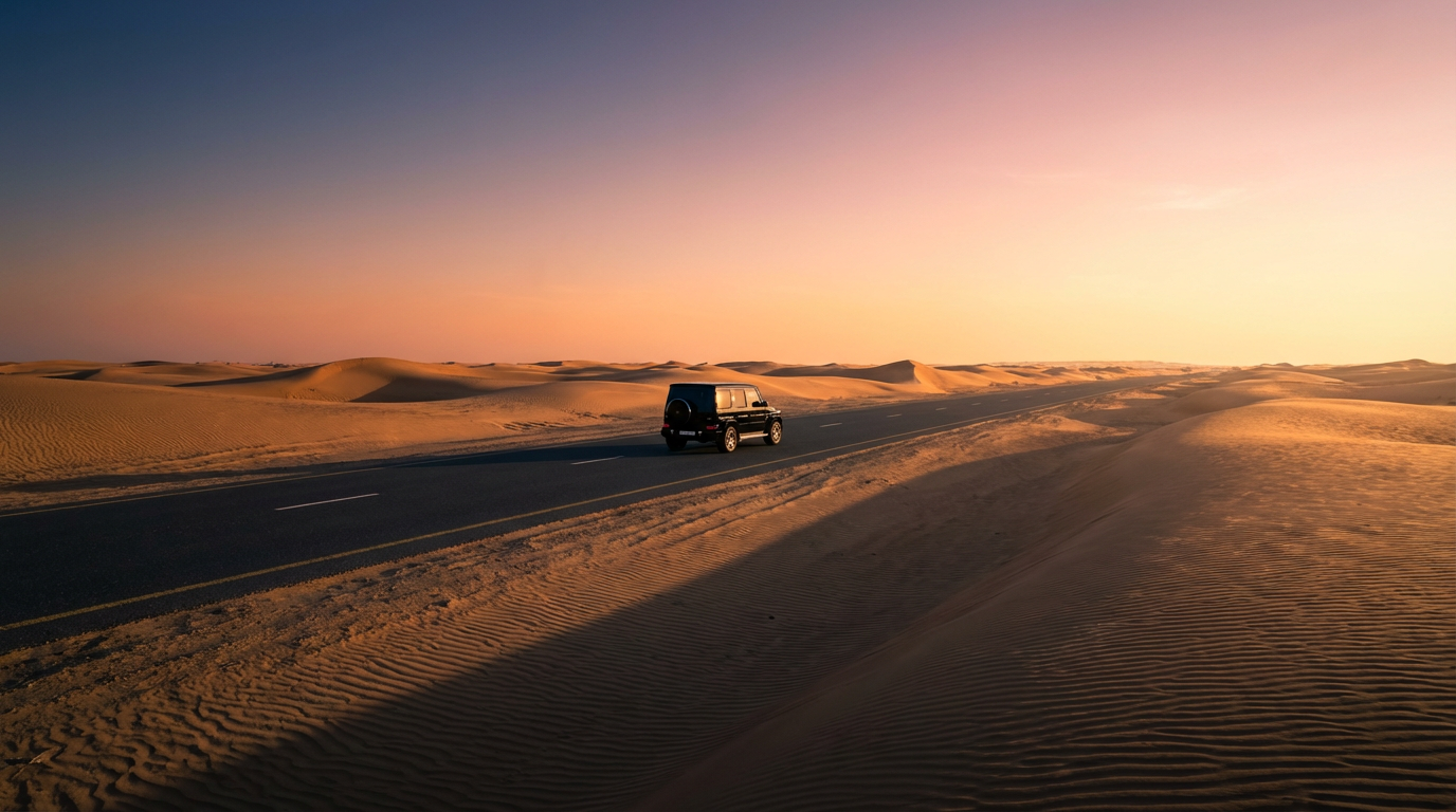 SUV on desert highway at sunset
