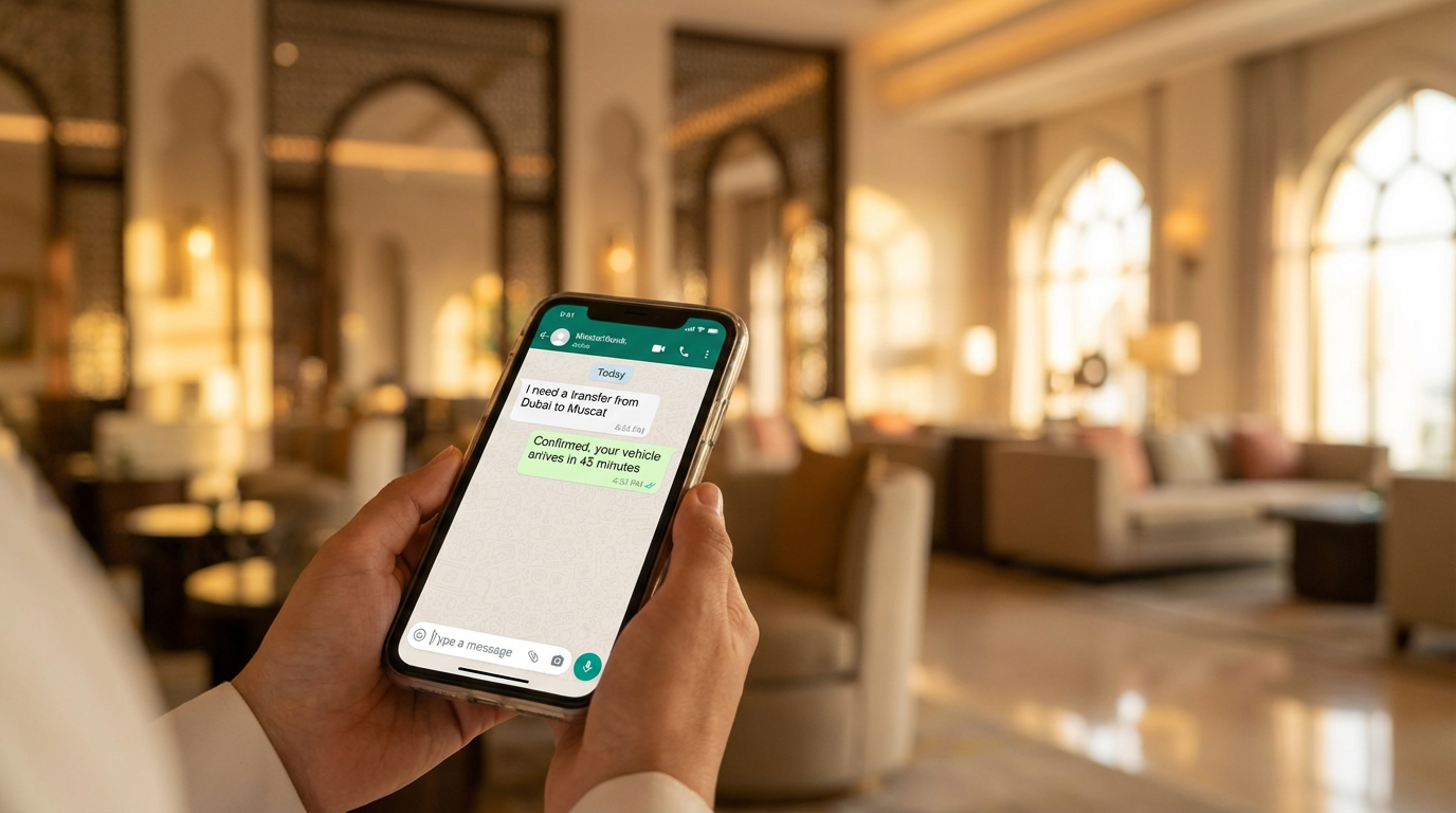 Traveler booking via WhatsApp in hotel lobby
